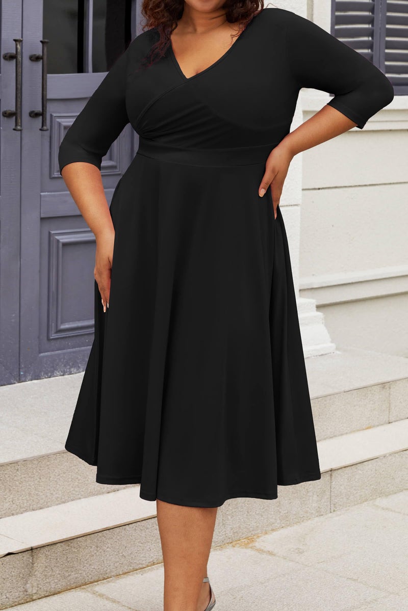 CLOCOR Women's Plus Size Midi Dress 3/4 Sleeve A-Line Swing Dress V Neck Flowy Casual Dresses Black 3X-Large - Image 2