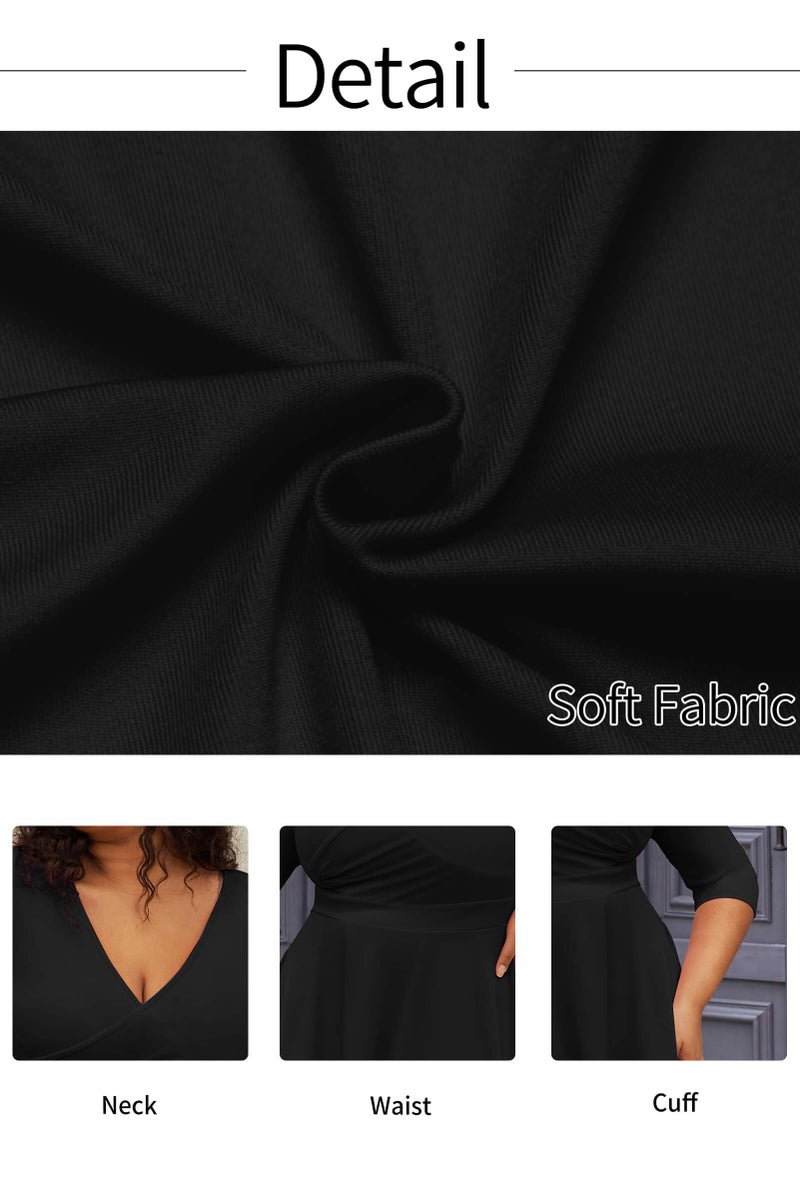 CLOCOR Women's Plus Size Midi Dress 3/4 Sleeve A-Line Swing Dress V Neck Flowy Casual Dresses Black 3X-Large - Image 5