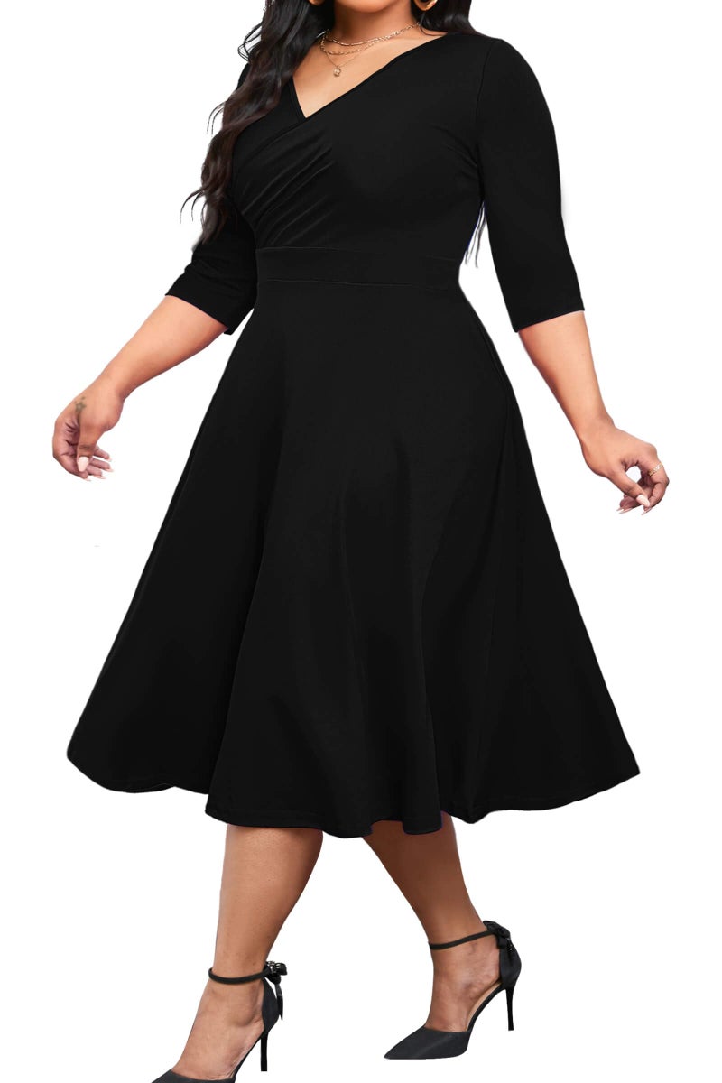 CLOCOR Women's Plus Size Midi Dress 3/4 Sleeve A-Line Swing Dress V Neck Flowy Casual Dresses Black 3X-Large - Image 1