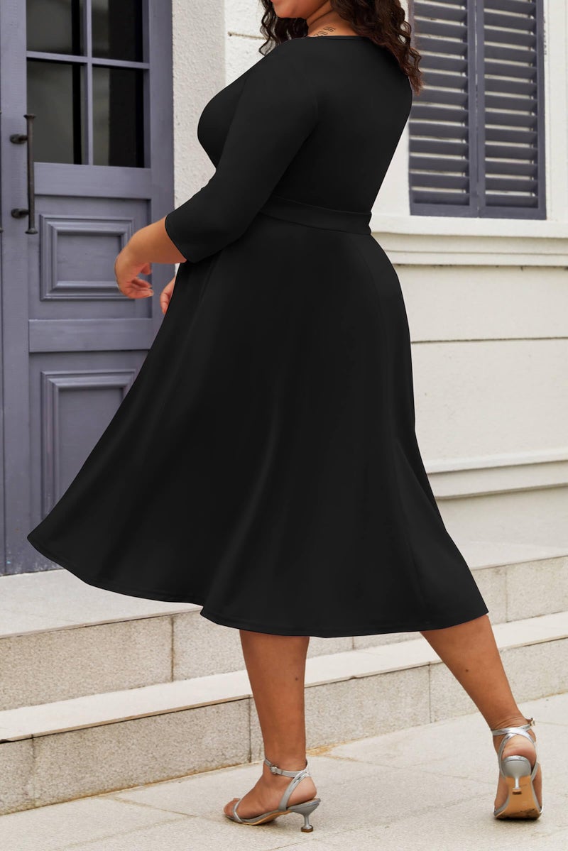 CLOCOR Women's Plus Size Midi Dress 3/4 Sleeve A-Line Swing Dress V Neck Flowy Casual Dresses Black 3X-Large - Image 4