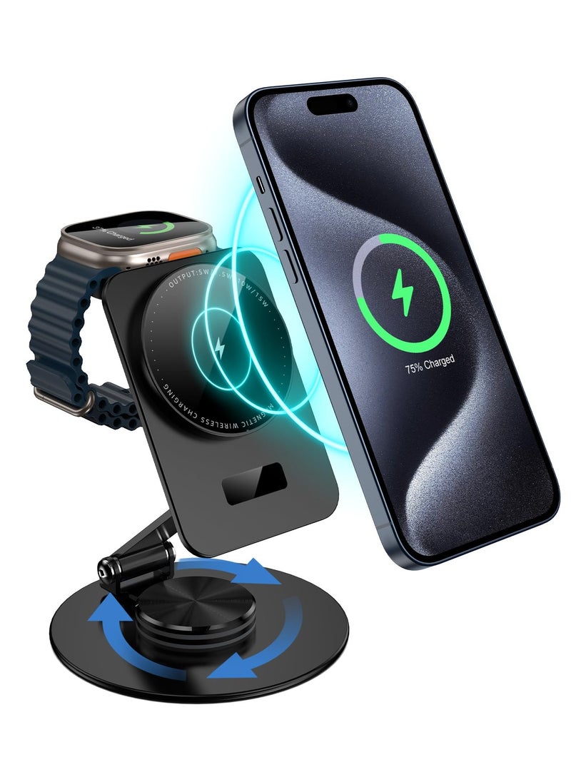 SYOSI - 2 in 1Mag-Safe Charger Stand for Apple, Foldable Charging Stand Wireless Dock for iPhone 15 14 13 12 Series, Magnetic Wireless Charging Station for Apple Watch Ultra/SE/9/8/7/6 for Air p ods 3/2/Pro - Image 1