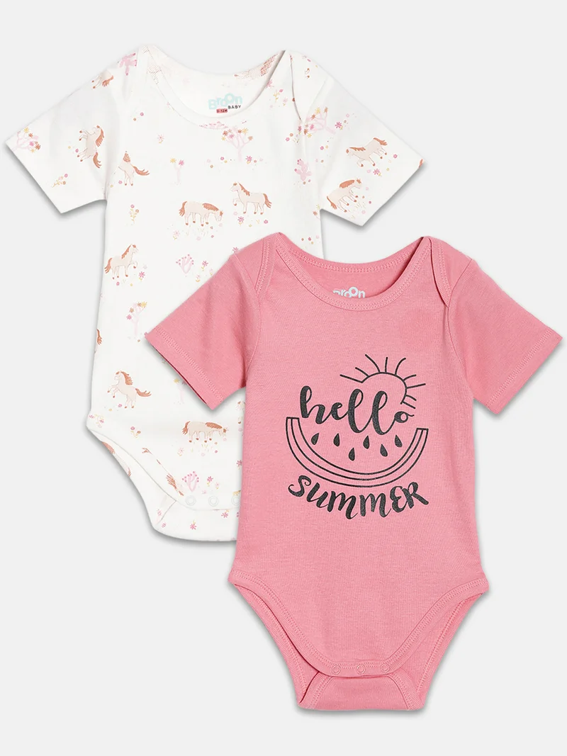 Broon Broon Infant Girls White and Fuchsia Printed Pure Organic Cotton Bodysuit Pack of 2