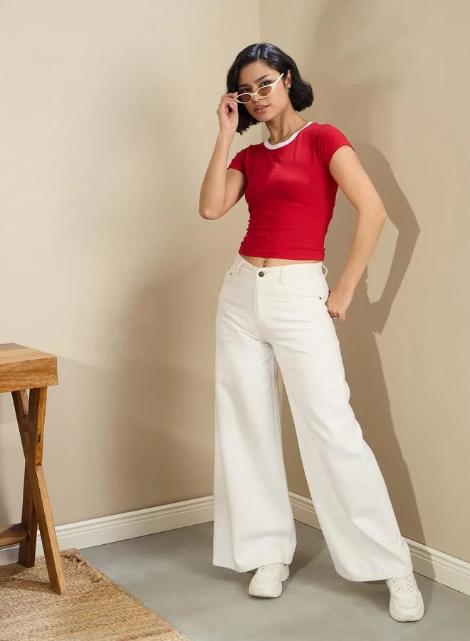 SASSAFRAS Women Red Contrast Round Neck Fitted Crop T-Shirt