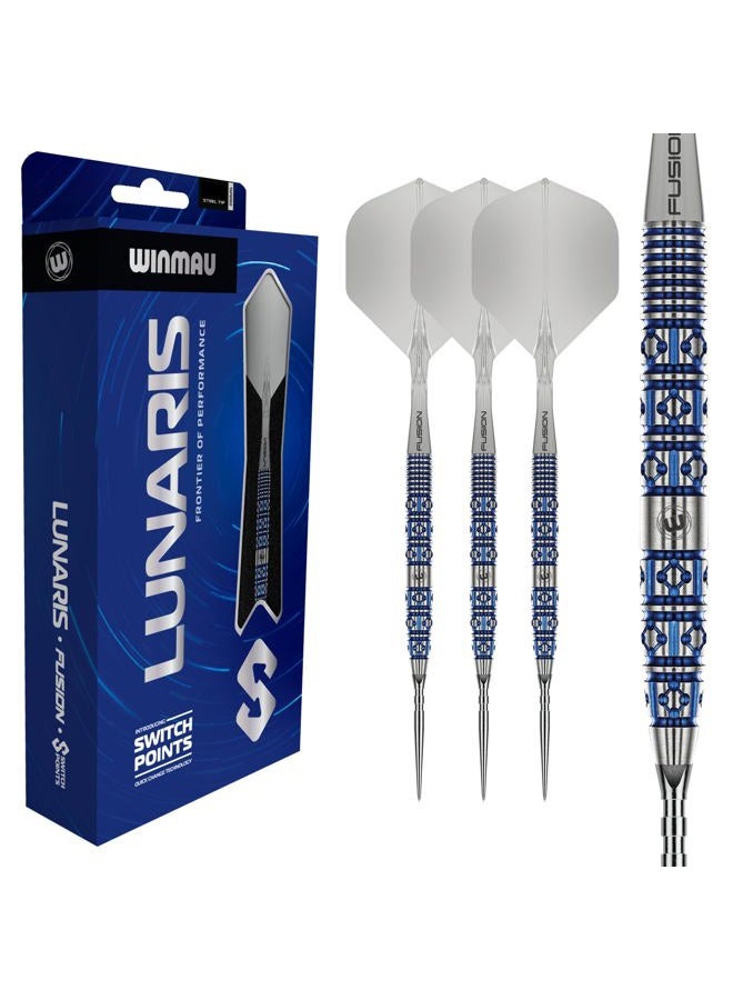 Winmau Darts – Lunaris 90% Tungsten Darts Set | Fusion Clear Short Shaft | Groove & Smooth Switch Point | Parallel 23 g/25 g, Tapered 22 g/24 g Blue & Silver Barrels | Rapid-Change System - Image 1