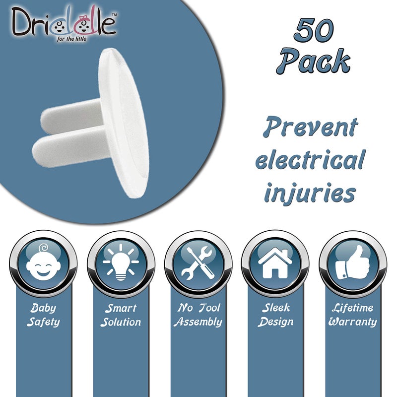 Driddle 50 Pack - Outlet Plug Baby Safety Covers - Protect Little Kids from Electrical Danger with Child Proof Socket Caps - White - Driddle - Image 2