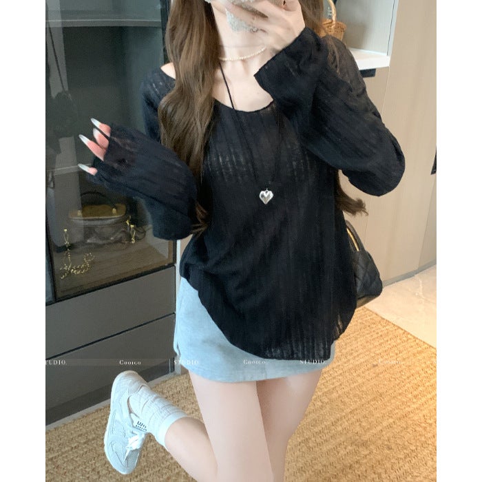 8090 # Official Image [No Discount] Original Fabric Summer Ruffled Design V-Neck Thin Slightly Sheer Long-Sleeve T-Shirt - Image 1