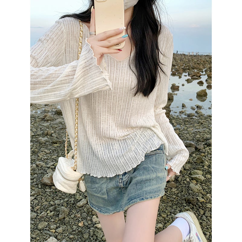 8090 # Official Image [No Discount] Original Fabric Summer Ruffled Design V-Neck Thin Slightly Sheer Long-Sleeve T-Shirt - Image 2