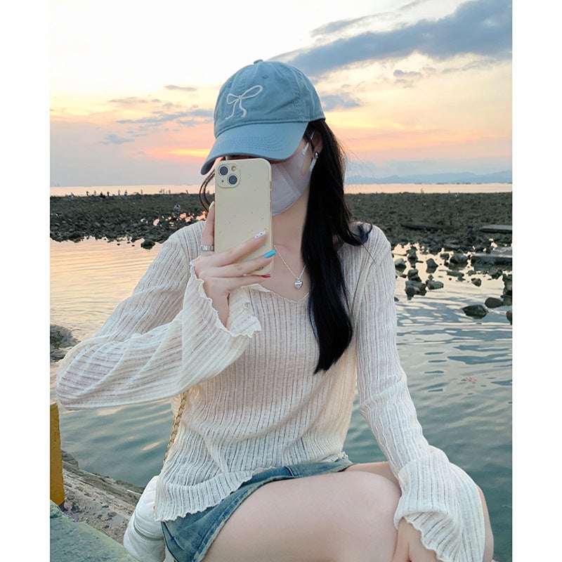 8090 # Official Image [No Discount] Original Fabric Summer Ruffled Design V-Neck Thin Slightly Sheer Long-Sleeve T-Shirt - Image 4