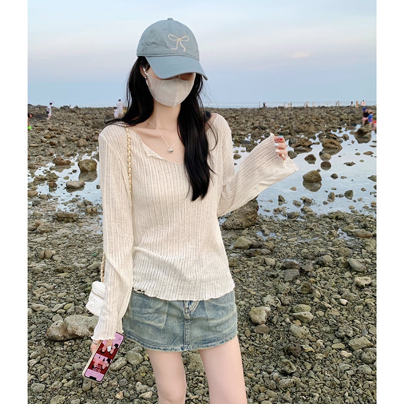 8090 # Official Image [No Discount] Original Fabric Summer Ruffled Design V-Neck Thin Slightly Sheer Long-Sleeve T-Shirt - Image 3