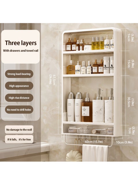 3-layer non perforated bathroom shelf with towel rack, bathroom cabinet with drawers and hooks, used for hanging cabinets in the bathroom, living room, and kitchen