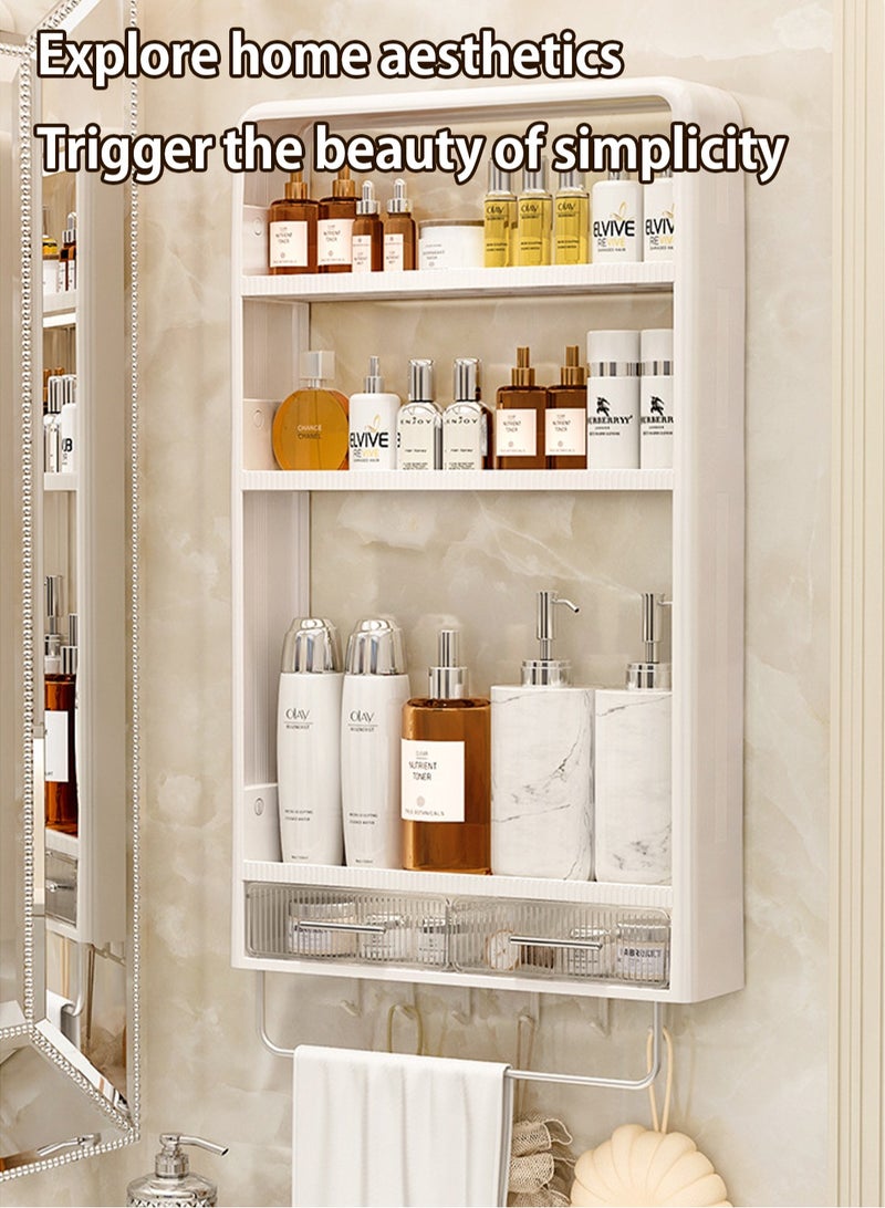 LOOPITYS 3-layer non perforated bathroom shelf with towel rack, bathroom cabinet with drawers and hooks, used for hanging cabinets in the bathroom, living room, and kitchen - Image 2