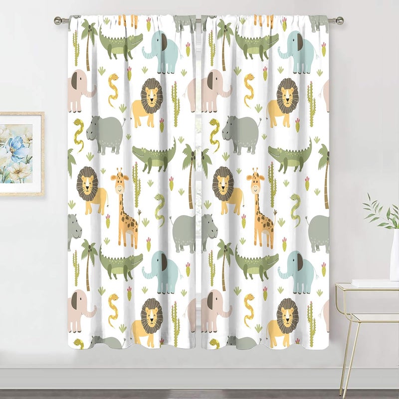 MESHELLY Nursery Safari Animals Curtains 29 (W) X 63(H) Inch Rod Pocket Baby Boy Kids Woodland Jungle Lion Elephant Printed Curtains for Living Room Bedroom Window Drapes Fabric - Image 1