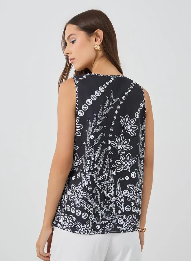 Take Two Take Two Floral Print Tie-Up Neck Sleeveless Top