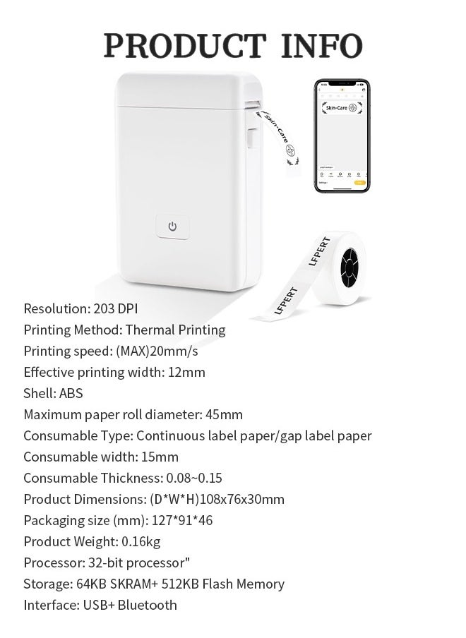 Generic - Wireless Label Printer, Inkless Thermal Maker with 1 Roll 15*30mm White Tape, Smart and Portable - Image 1