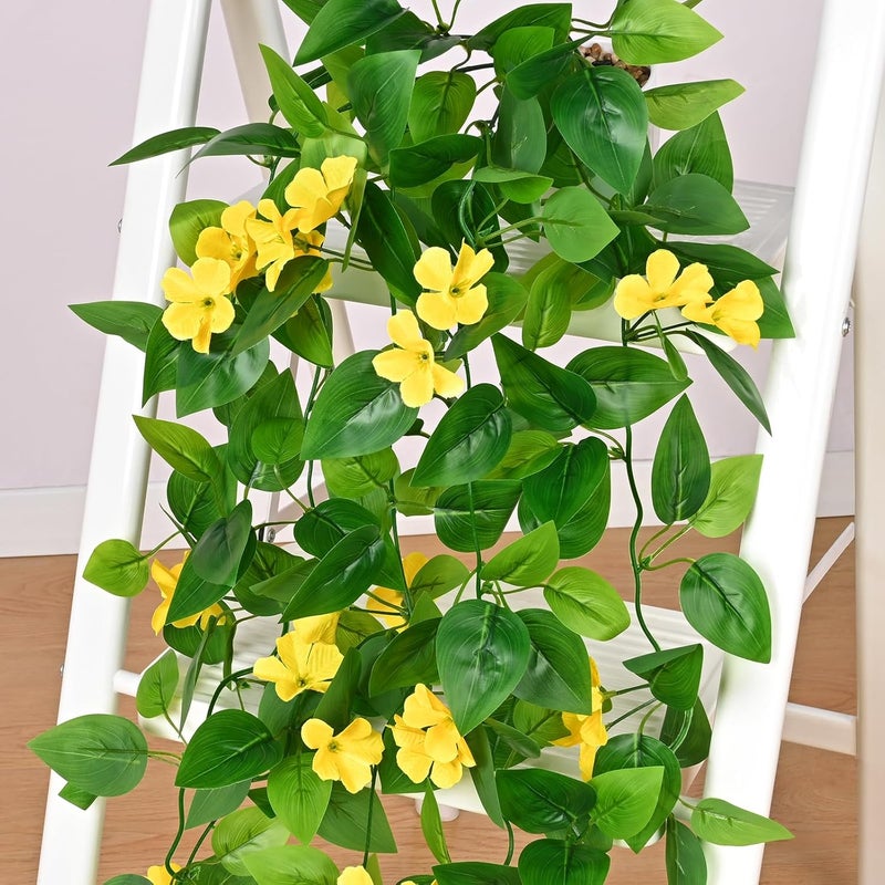 BLEUM CADE Fake Hanging Plants, 2pcs Artificial Hanging Plant, Faux Pothos Vines with Flowers Greenery for Wall Home Living Room Indoor Outdoor Decor (No Baskets, Yellow) - Image 3
