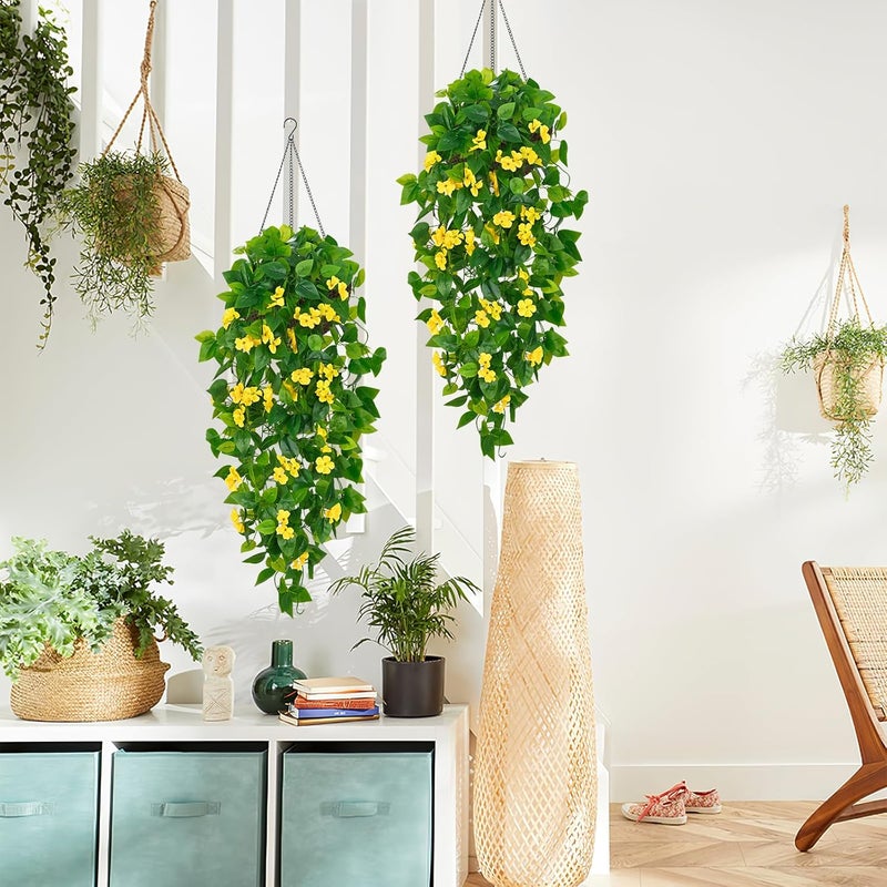 BLEUM CADE Fake Hanging Plants, 2pcs Artificial Hanging Plant, Faux Pothos Vines with Flowers Greenery for Wall Home Living Room Indoor Outdoor Decor (No Baskets, Yellow) - Image 4