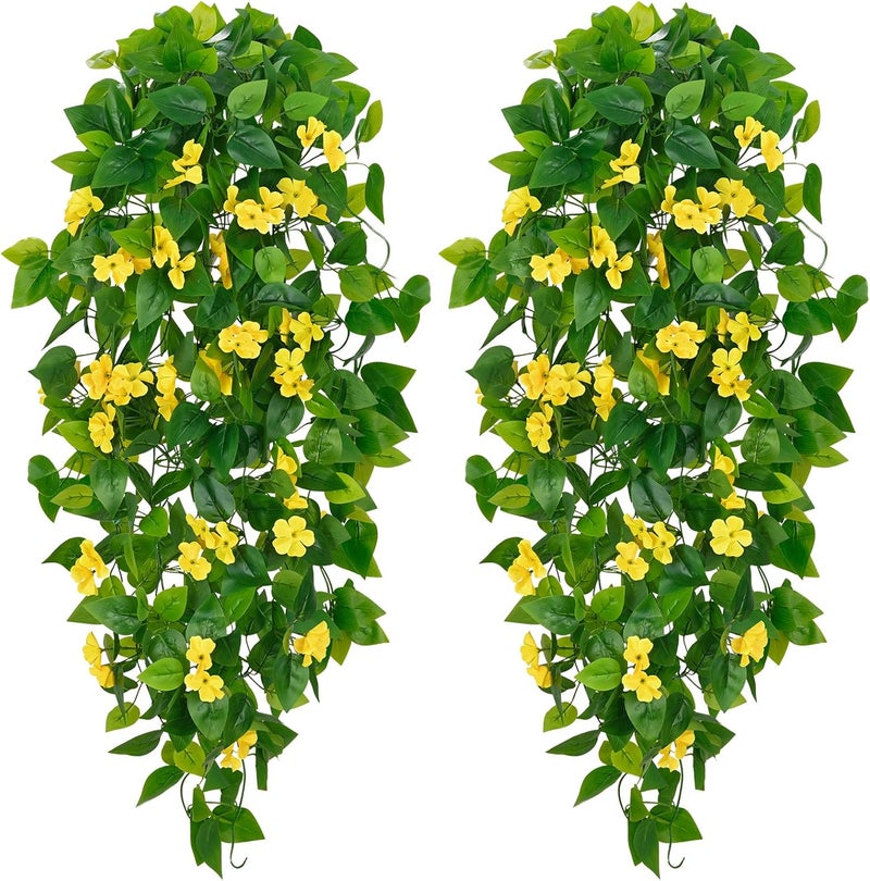 BLEUM CADE Fake Hanging Plants, 2pcs Artificial Hanging Plant, Faux Pothos Vines with Flowers Greenery for Wall Home Living Room Indoor Outdoor Decor (No Baskets, Yellow) - Image 1
