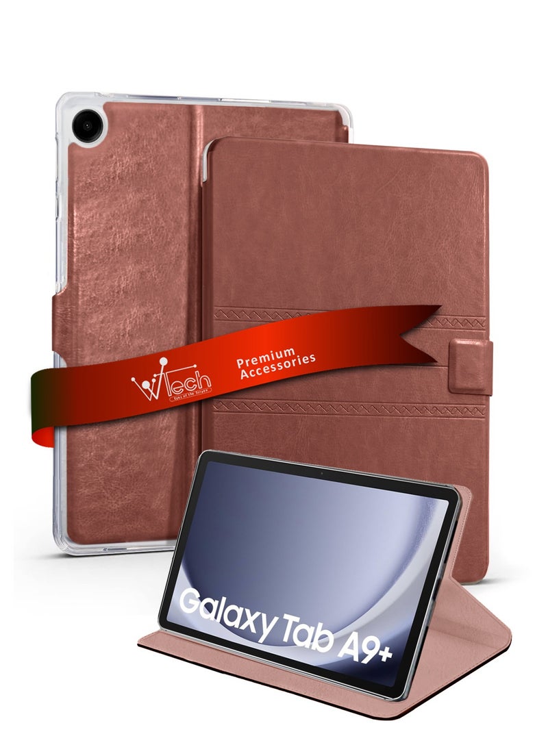 Wtech Samsung Galaxy Tab A9+ / A9 Plus 5G 2023 X210 X215 X216 11.0 inch WTech PU Leather Antique Texture Magnetic Closure Flip Case Cover - Brown - Image 1