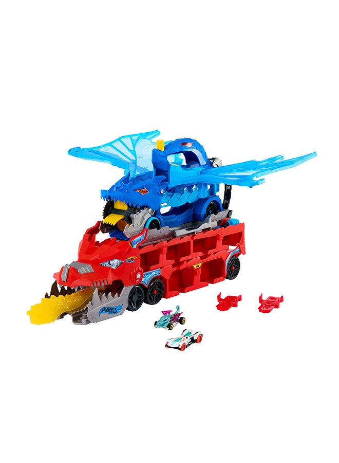 Hot Wheels City Toy Car Track Set, Ultimate Dual Dragon Transporter & 2 Die-Cast Cars, Large-Scale Dragon & Detachable Dragon, Stores 20+ Vehicles - Image 5