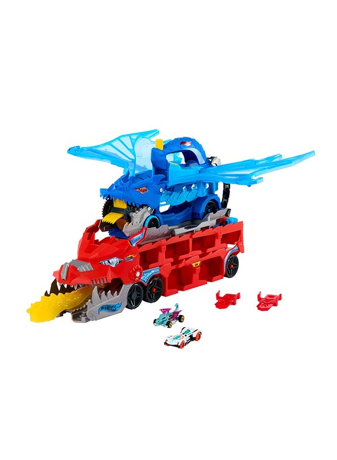 Hot Wheels مجموعة مسار سيارات المدينة، ناقل التنين المزدوج النهائي و 2 سيارة مصبوبة، تنين كبير الحجم و تنين قابل للفصل، يخزن أكثر من 20 مركبة - Image 1