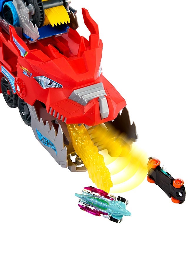 Hot Wheels مجموعة مسار سيارات المدينة، ناقل التنين المزدوج النهائي و 2 سيارة مصبوبة، تنين كبير الحجم و تنين قابل للفصل، يخزن أكثر من 20 مركبة - Image 5