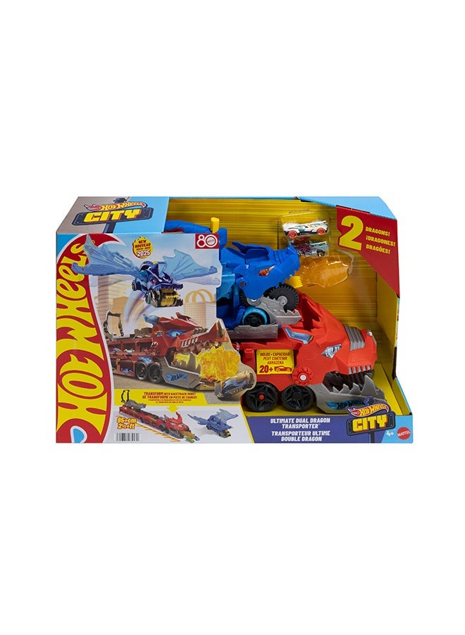 Hot Wheels مجموعة مسار سيارات المدينة، ناقل التنين المزدوج النهائي و 2 سيارة مصبوبة، تنين كبير الحجم و تنين قابل للفصل، يخزن أكثر من 20 مركبة - Image 2