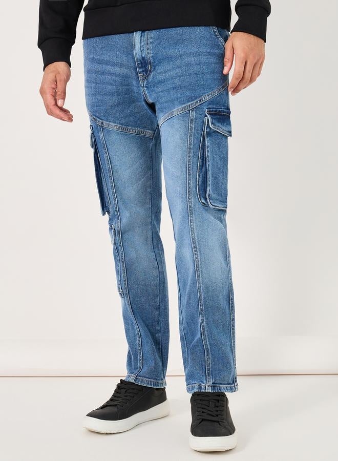 Styli Acid Washed Bootcut Cargo Jeans with Seam Detail  - Image 1