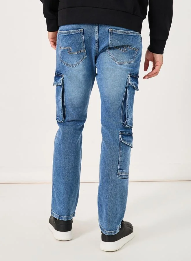 Styli Acid Washed Bootcut Cargo Jeans with Seam Detail