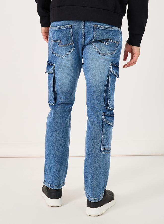 Styli Acid Washed Bootcut Cargo Jeans with Seam Detail  - Image 5