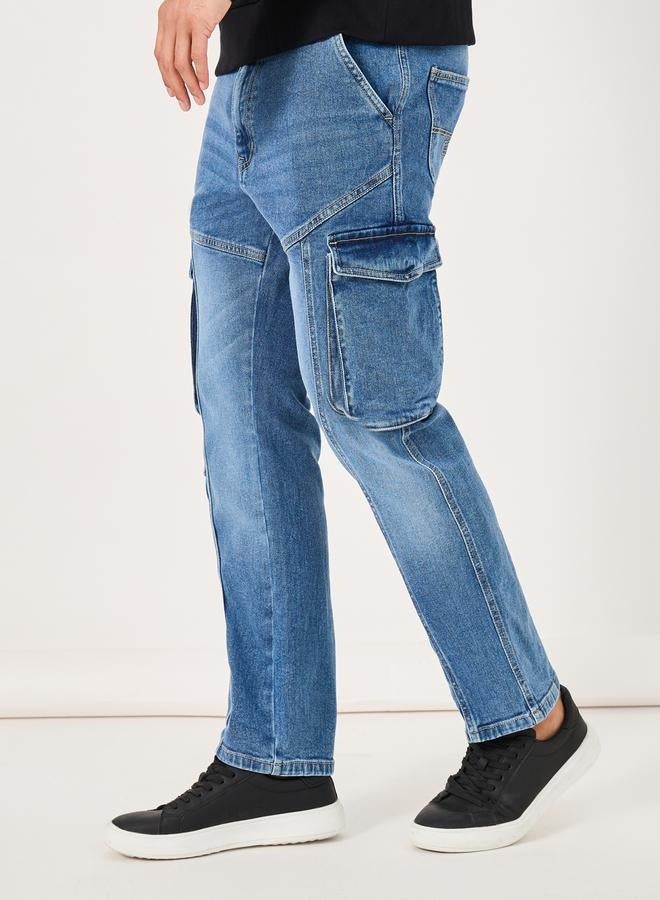 Styli Acid Washed Bootcut Cargo Jeans with Seam Detail  - Image 3
