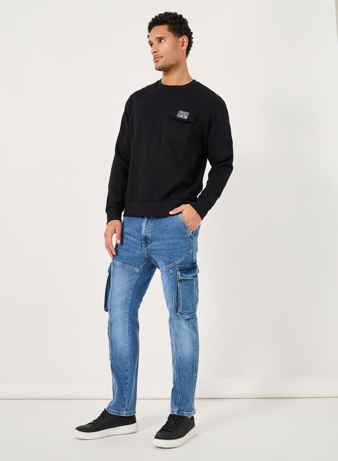 Styli Acid Washed Bootcut Cargo Jeans with Seam Detail  - Image 2