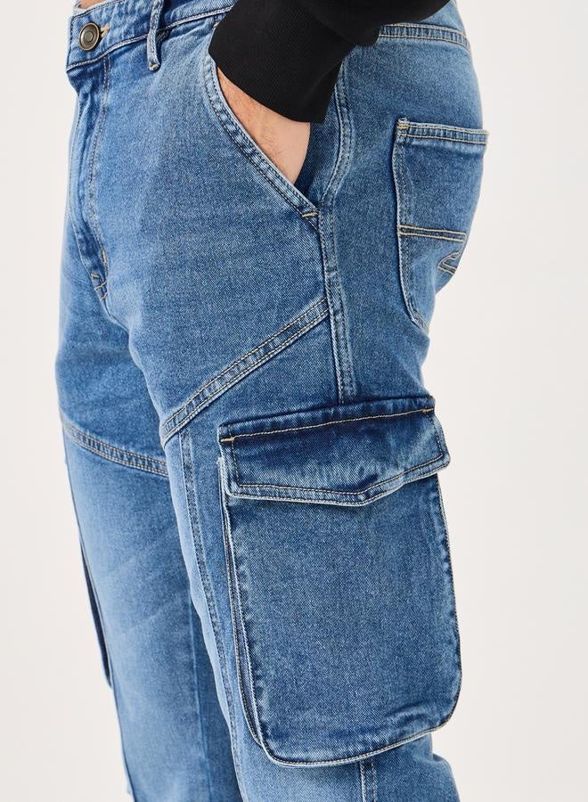Styli Acid Washed Bootcut Cargo Jeans with Seam Detail  - Image 4