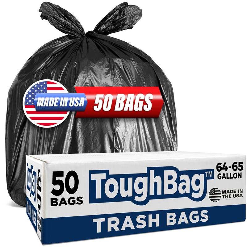 ToughBag 6465 Gallon Trash Bags Heavy Duty 50 x 48 Large Black Garbage Bags 50 Count Made In USA