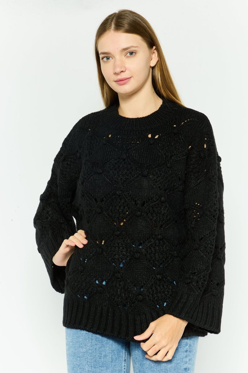 Room 34 Women Round Neck Crochet  Long Sleeves Sweater, Black  - Image 1