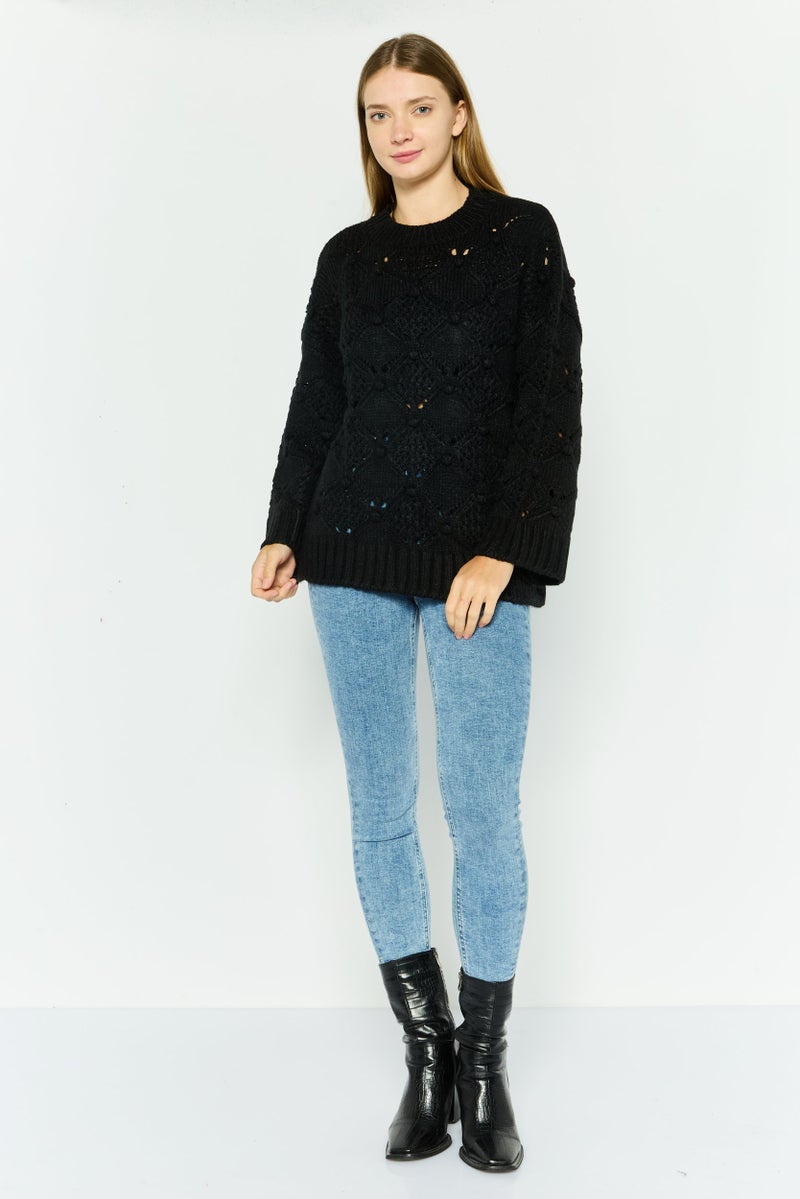 Room 34 Women Round Neck Crochet  Long Sleeves Sweater, Black  - Image 4
