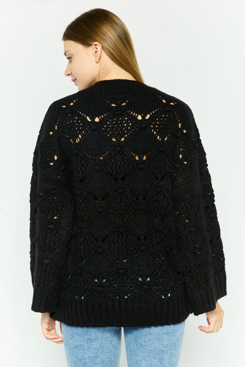Room 34 Women Round Neck Crochet  Long Sleeves Sweater, Black  - Image 3