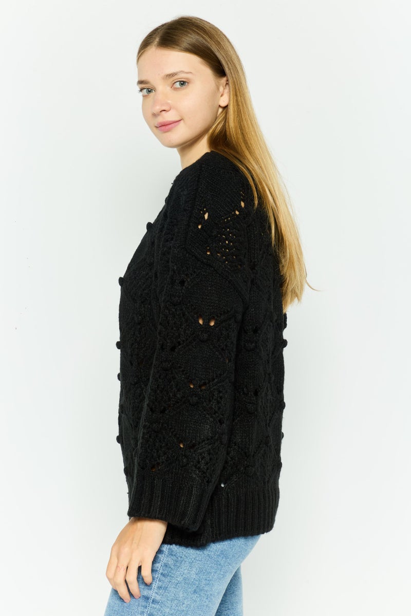 Room 34 Women Round Neck Crochet  Long Sleeves Sweater, Black  - Image 2