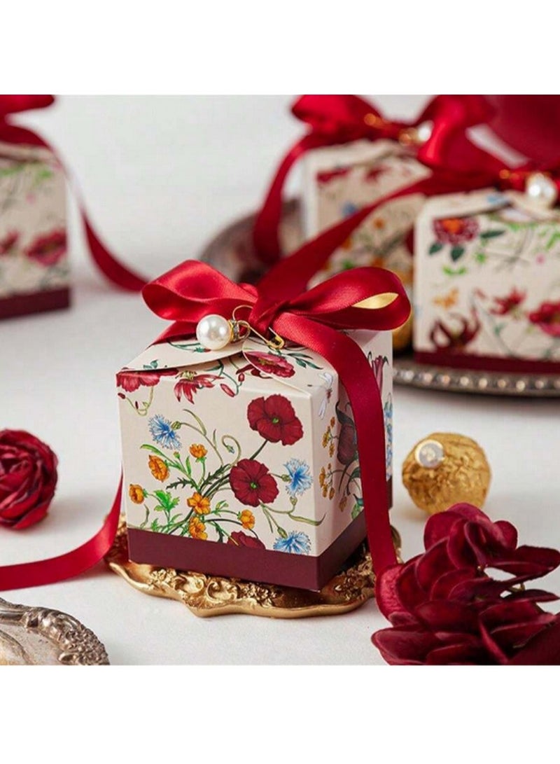 مجموعة صناديق هدايا فاخرة من 10 قطع – تصميم زهري أنيق مع شريط ساتان ولمسة لؤلؤية - Image 1