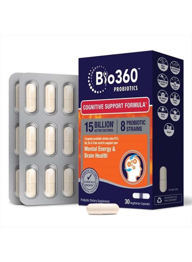 Bio360 Probiotics, Cognitive Support Formula, Brain Health & Mental Energy with 8 Strains 15 Billion CFU, Vitamin Boost for Women & Men, Stable Blister Pack, 30 Vegan Supplements - Image 1