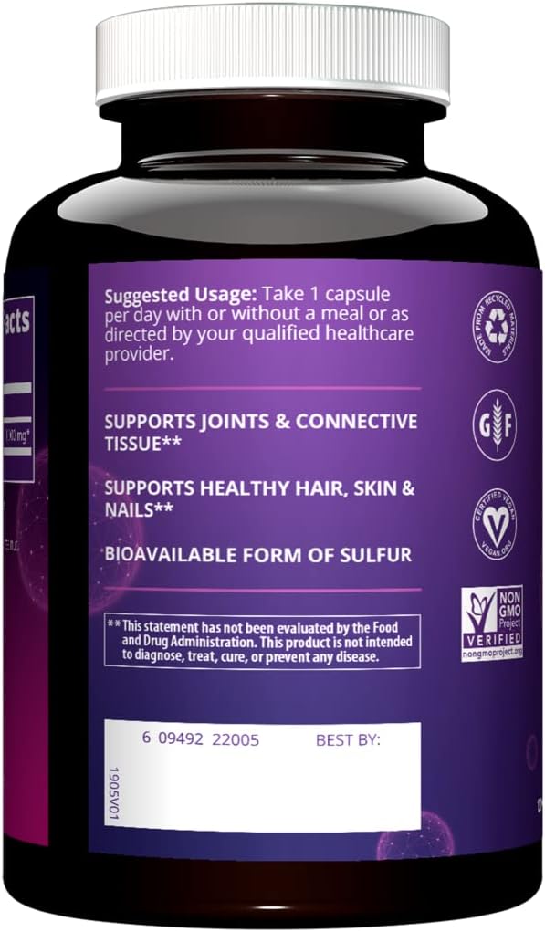 MRM كبسولات MRM Nutrition MSM 1000 ملغ ميثيل سلفونيل ميثان لصحة المفاصل والشعر والبشرة والأظافر شكل حيوي من الكبريت خالي من الغلوتين نباتي 120 حصة - Image 3