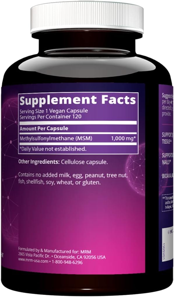 MRM كبسولات MRM Nutrition MSM 1000 ملغ ميثيل سلفونيل ميثان لصحة المفاصل والشعر والبشرة والأظافر شكل حيوي من الكبريت خالي من الغلوتين نباتي 120 حصة - Image 2