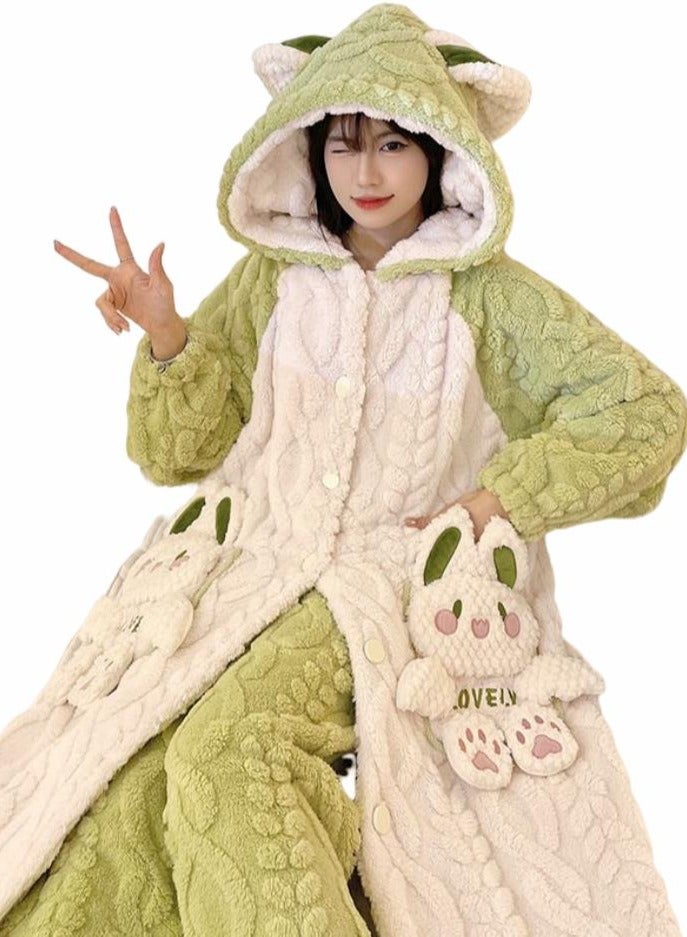KUYING Velvet and Thickened Nightgown Cute Cartoon Home Fur Set