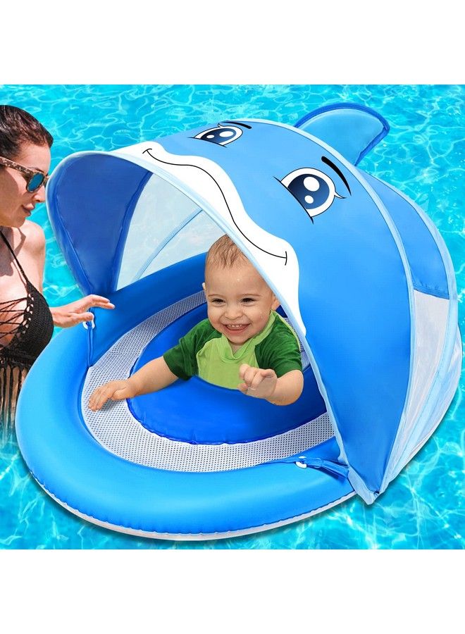 AMENON Dolphin Baby Swimming Pool Float Ring With Adjustable Removable Canopy Upf50+ Sun Protection Never Flip Over Safety Seat Inflatable Baby Spring Floatie Swim Trainer Infant Toddler 6 36 Months  - Image 1