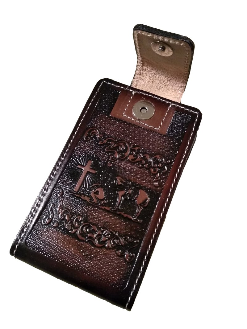 marquez Western autentic Tooled Leather Mexican Cell Phone case for Belt. Men and Horse Pray Design. with Magnetic Closure. Universal Size (Brown) - Image 2