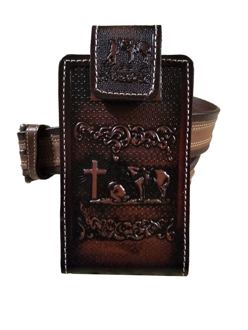 marquez Western autentic Tooled Leather Mexican Cell Phone case for Belt. Men and Horse Pray Design. with Magnetic Closure. Universal Size (Brown) - Image 5