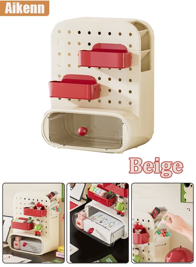 Aikenn Aikenn Pegboard Storage Box Desk Organiser Large Capacity Desk Stationery Storage Box With 2 Storage Boxes And 1 Drawer Multi-functional Stationery Storage Container Box for Kids Home Office School(Beige)  - Image 1