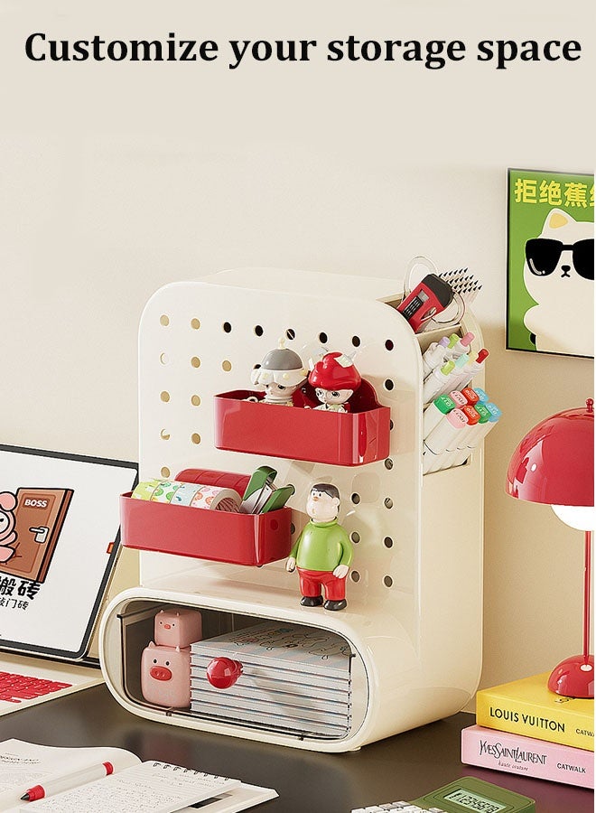Aikenn Aikenn Pegboard Storage Box Desk Organiser Large Capacity Desk Stationery Storage Box With 2 Storage Boxes And 1 Drawer Multi-functional Stationery Storage Container Box for Kids Home Office School(Beige)  - Image 3