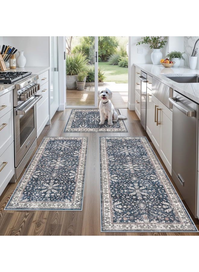 BYYVOO 3 Piece Kitchen Rug Set – Washable Non Slip Small Boho Runner Rugs for Floor, Sink, Stove & Entryway – Soft Low Pile Thin Mats for Apartment, RV & Pet Areas (Blue,2x3,2x4,2x5) - Image 1