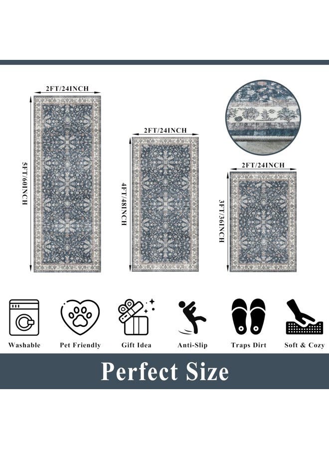 BYYVOO 3 Piece Kitchen Rug Set – Washable Non Slip Small Boho Runner Rugs for Floor, Sink, Stove & Entryway – Soft Low Pile Thin Mats for Apartment, RV & Pet Areas (Blue,2x3,2x4,2x5) - Image 2