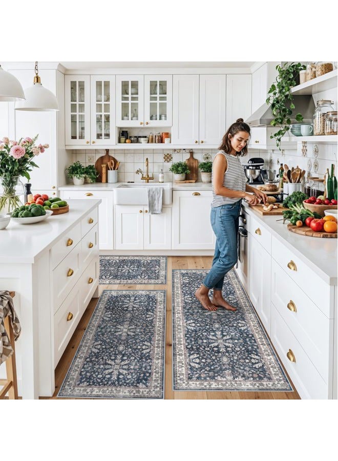 BYYVOO 3 Piece Kitchen Rug Set – Washable Non Slip Small Boho Runner Rugs for Floor, Sink, Stove & Entryway – Soft Low Pile Thin Mats for Apartment, RV & Pet Areas (Blue,2x3,2x4,2x5) - Image 3
